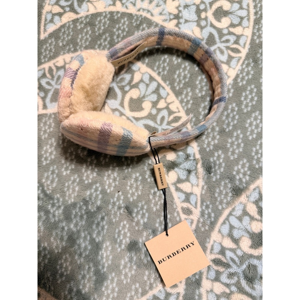 Burberry Pastel Check Wool Shearling Earmuffs Pink Blue Purple New with Flaw